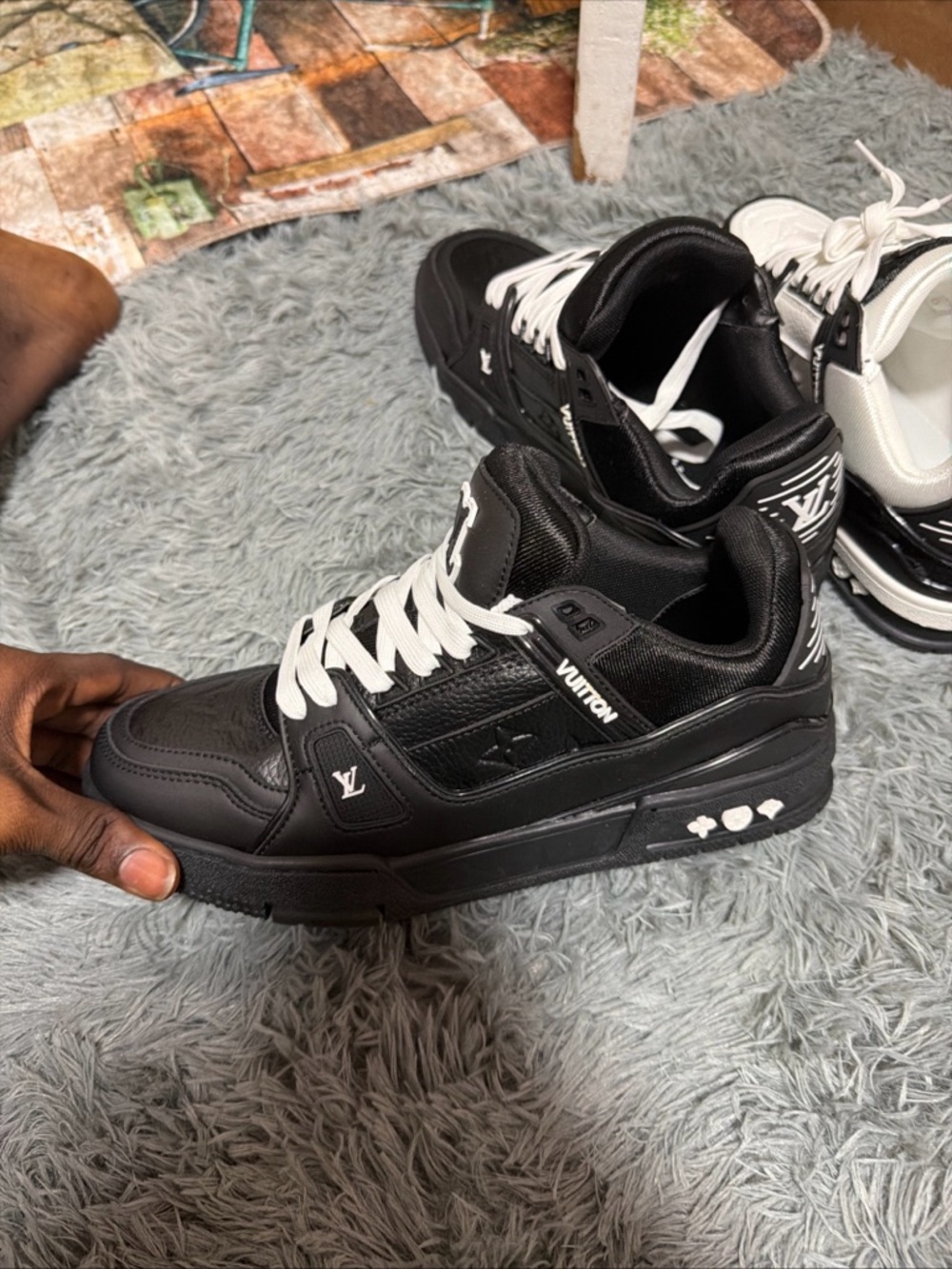 Louis Vuitton Black Leather Low-Top Sneakers with White Laces - Picture 8 of 8